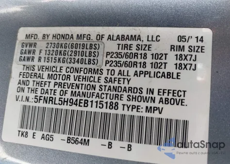 2014 Honda Odyssey Touring/Touring Elite z USA, uszkodzony, nr VIN 5FNRL5H94EB115188